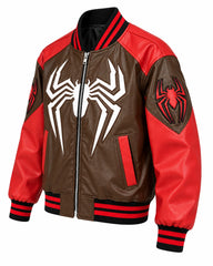 Men’s brown and red leather bomber at three-quarter angle with white chest spider graphic, red sleeve emblems and striped trims