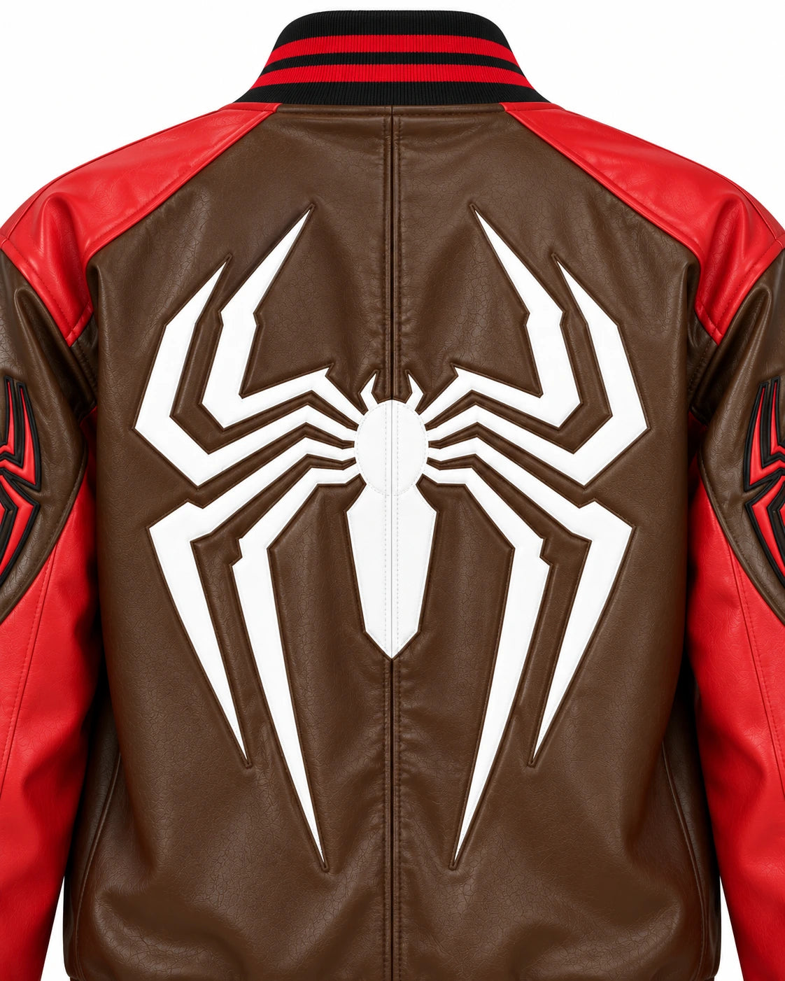 Close-up of large white spider graphic across brown leather back with red shoulder panels and black red ribbed collar