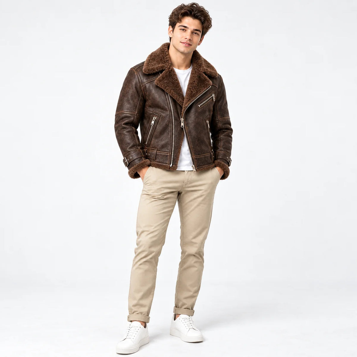 Front model view of brown sheepskin aviator jacket with asymmetric zip, faux fur lapels and zip pockets