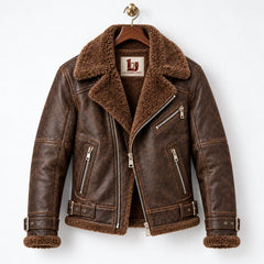 Front hanger view of brown sheepskin aviator jacket with wide faux fur collar, asymmetric metal zip and pockets