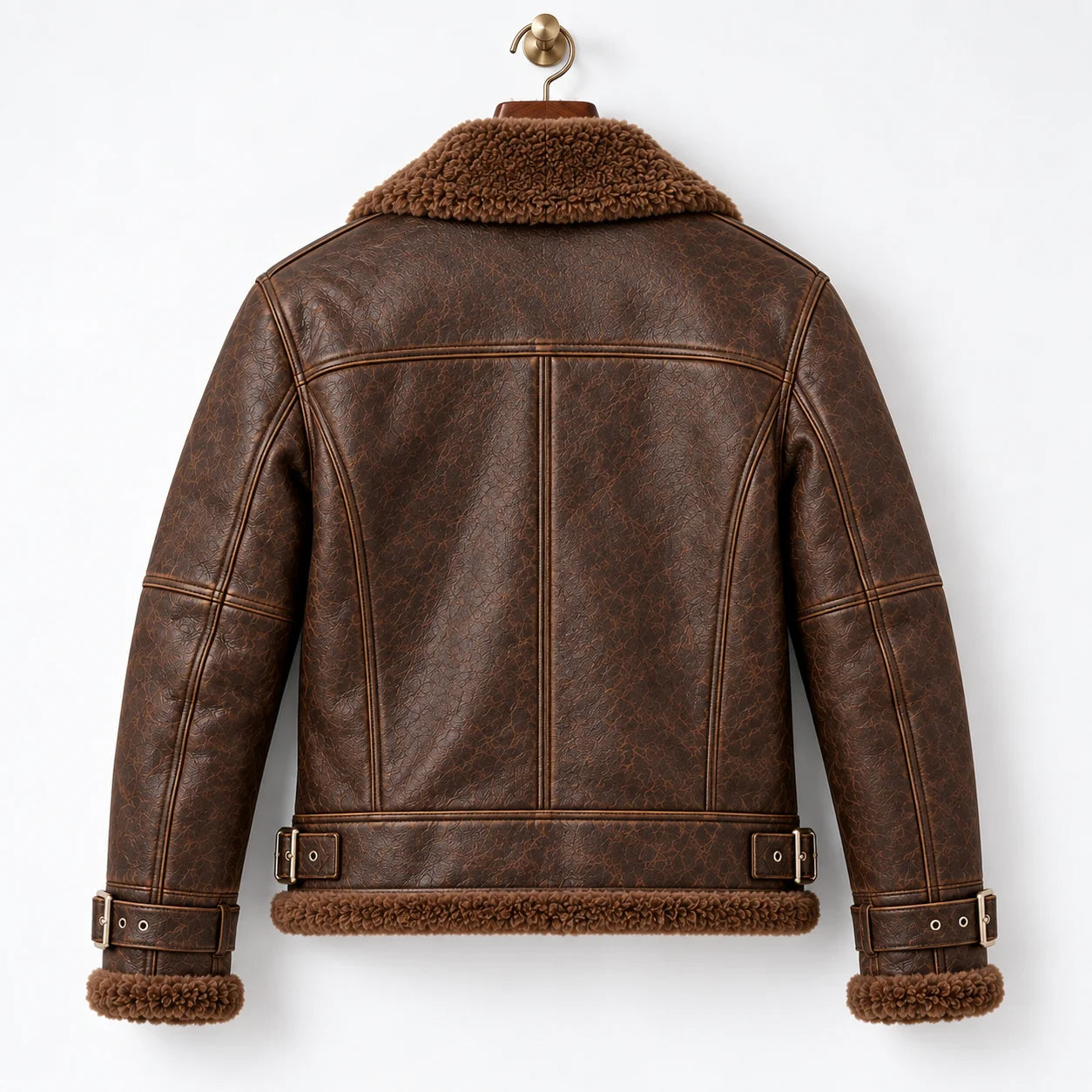 Rear hanger view of brown leather aviator jacket showing shoulder yoke, vertical seams and waist buckle tabs