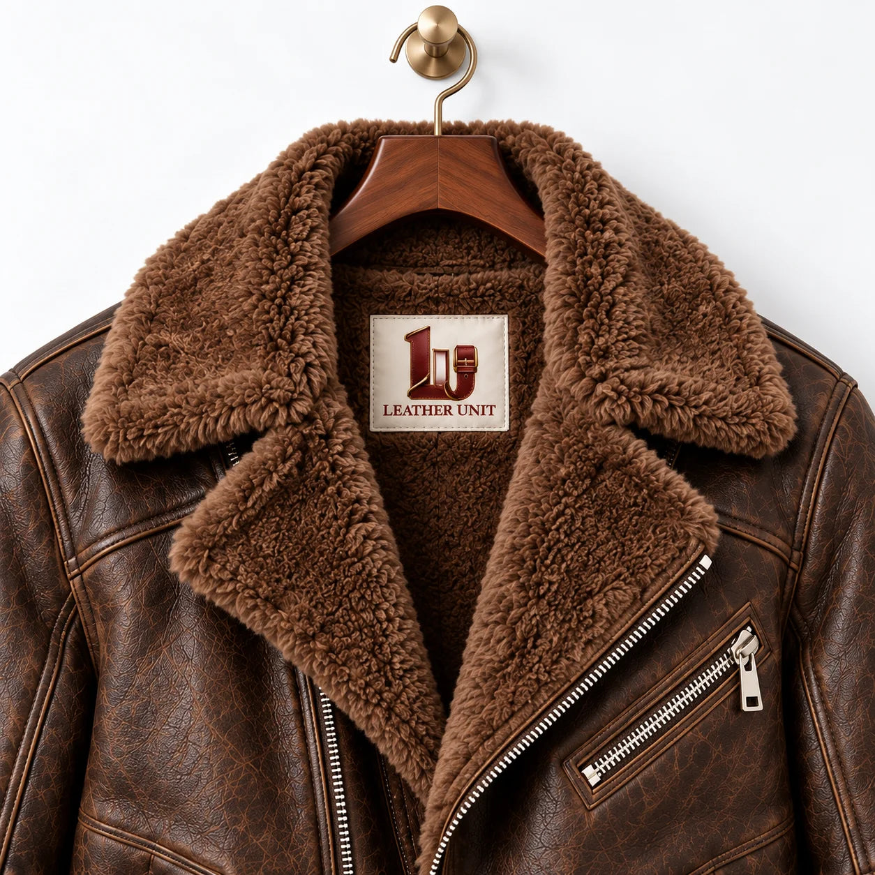 Close-up of faux fur collar and branded inner neck patch on espresso brown sheepskin leather aviator jacket