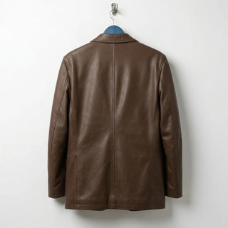 Back view of men’s brown leather blazer jacket showing clean seams