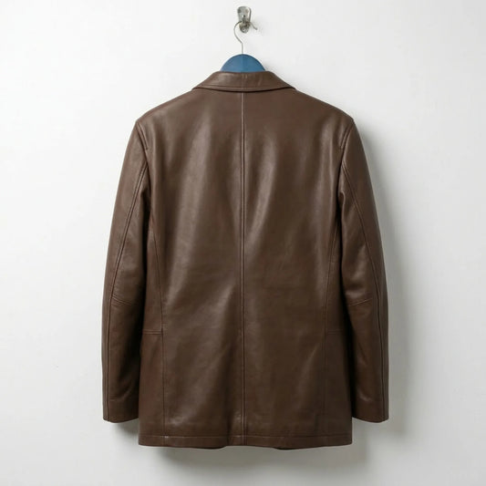 Back view of men’s brown leather blazer jacket showing clean seams