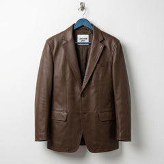 Front view of men’s brown single breasted leather blazer by Leather Unit