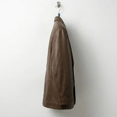 Side profile of mens brown single breasted leather blazer