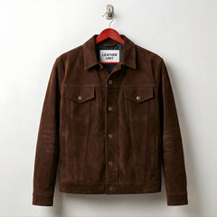 Front view of men's dark brown suede trucker jacket by Leather Unit.