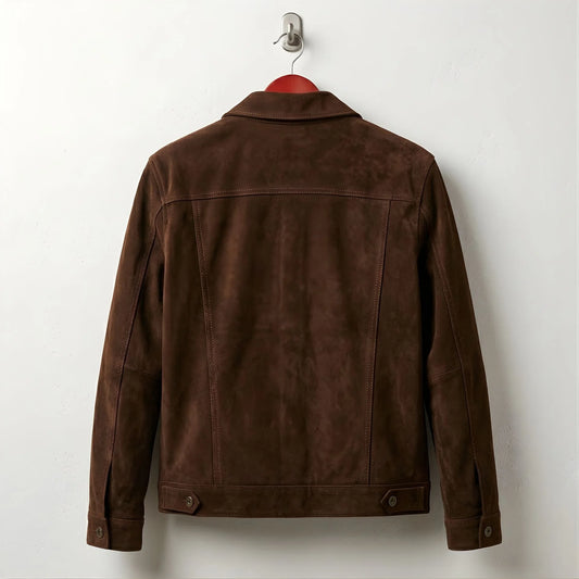Back view of men's brown suede leather trucker jacket with button tabs.
