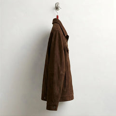 Side profile of men's brown suede trucker jacket with regular fit.