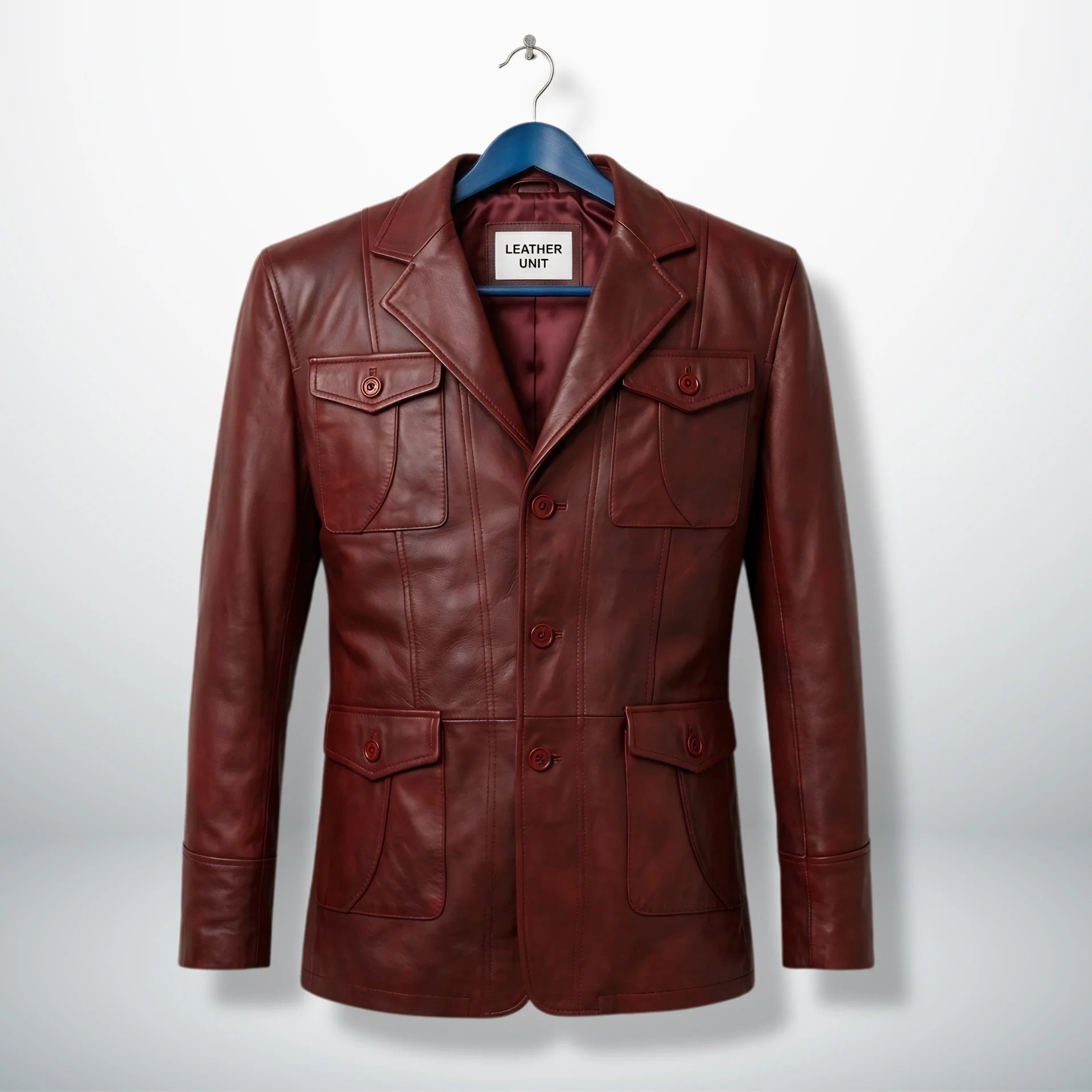 Front view of men’s burgundy three button leather blazer jacket by Leather Unit