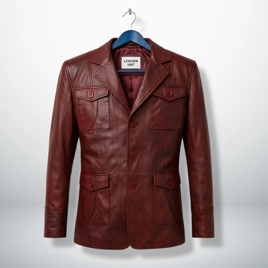 Front view of men’s burgundy three button leather blazer jacket by Leather Unit