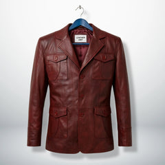 Front view of men’s burgundy three button leather blazer jacket by Leather Unit