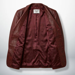 Inside lining of men’s burgundy leather blazer jacket showing interior pocket