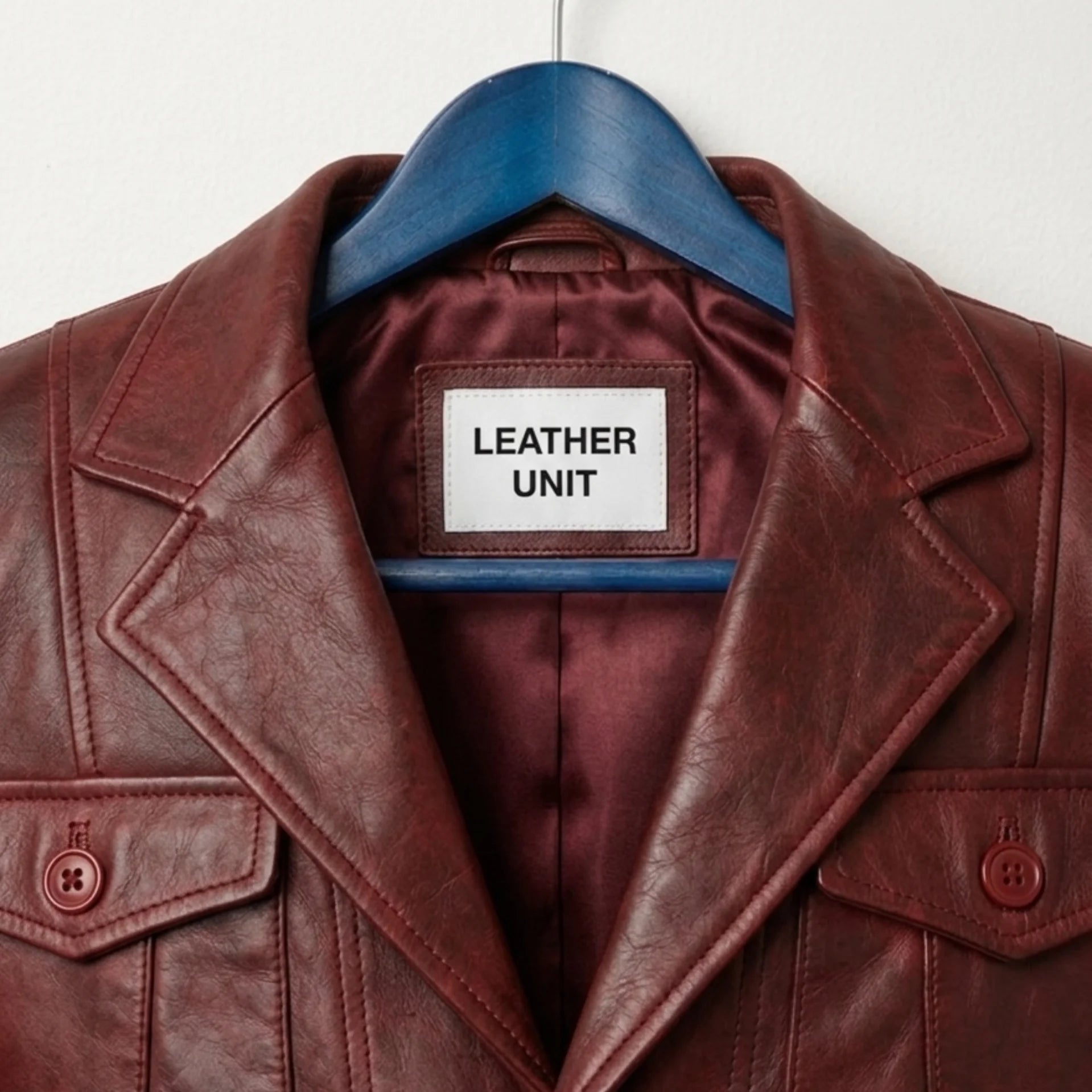Close up of notch lapel and Leather Unit label on burgundy leather blazer