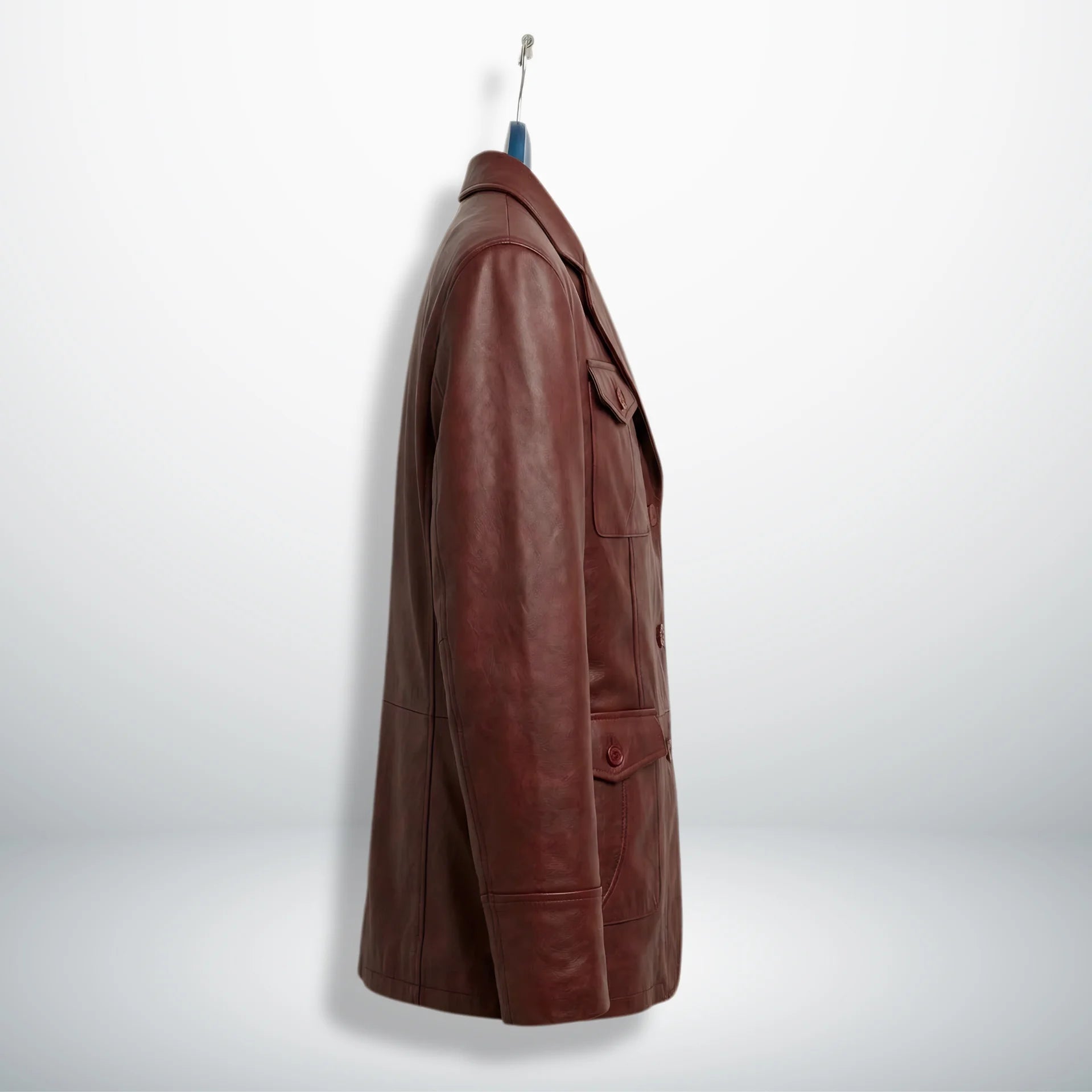 Side profile of men’s burgundy blazer style leather jacket