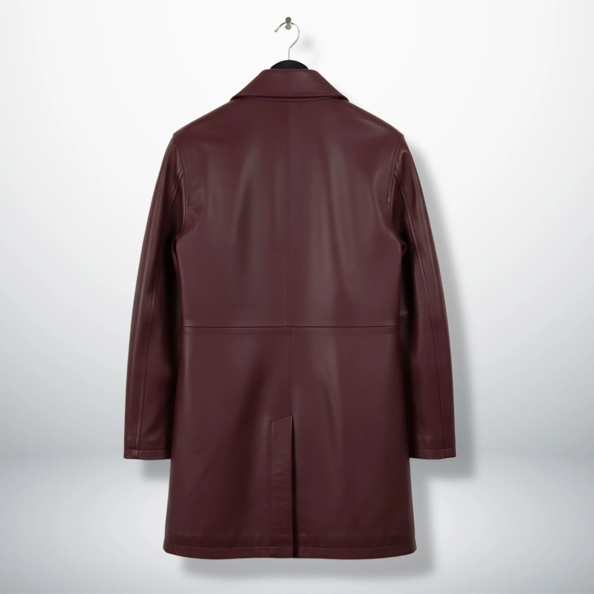 Back view of men’s maroon 3/4 length leather coat with vent