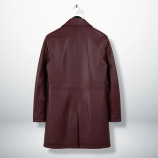 Back view of men’s maroon 3/4 length leather coat with vent