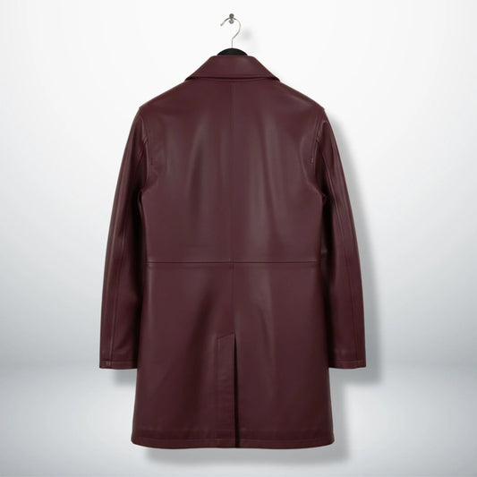 Back view of men’s maroon 3/4 length leather coat with vent