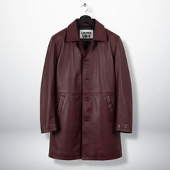 Front view of men’s burgundy leather car coat by Leather Unit