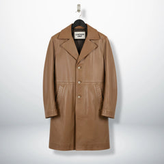 Front view of men's camel brown 3/4 length leather coat by Leather Unit.