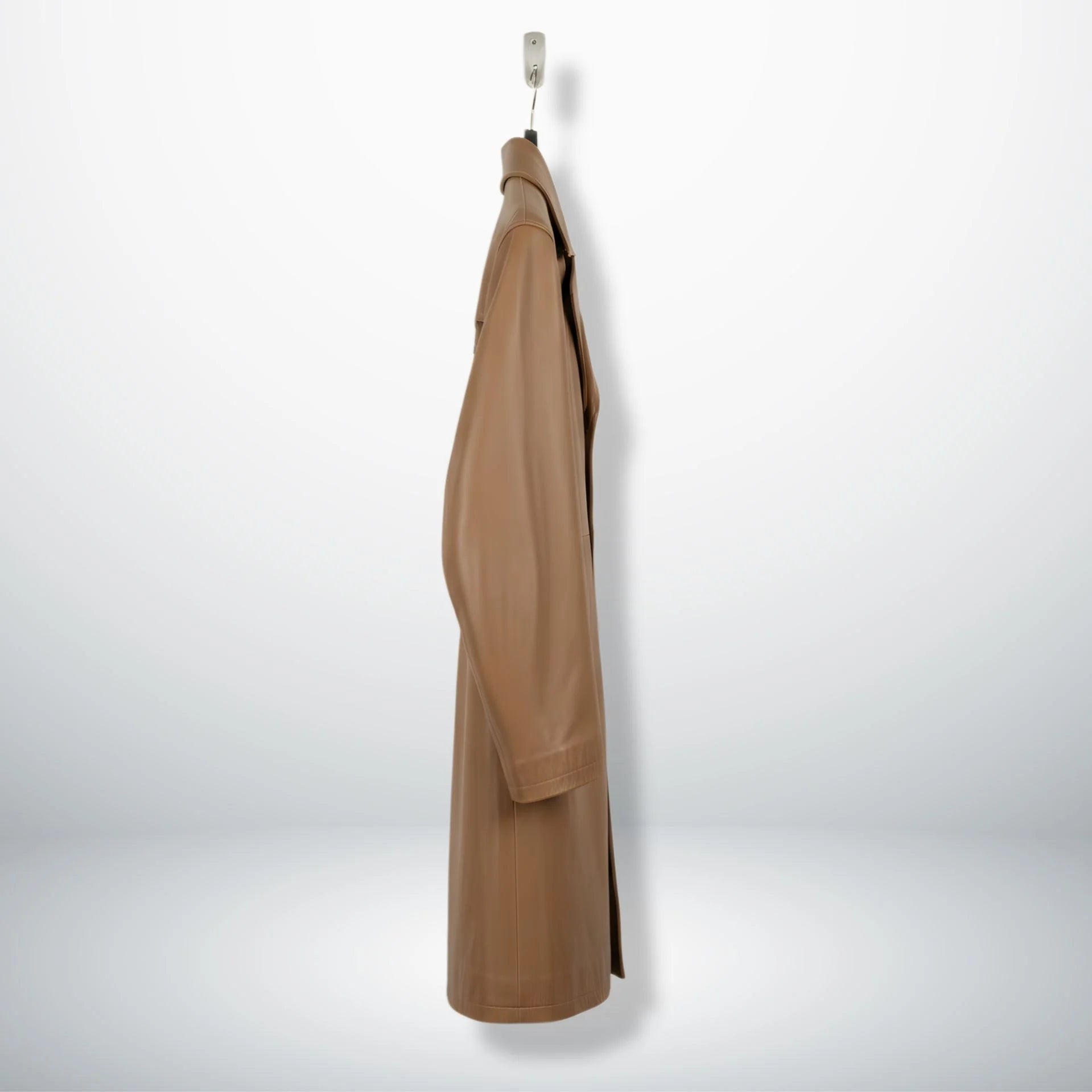 Side profile of men's camel 3/4 length leather coat with tailored fit.