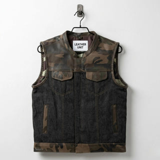 Front view of men's camo leather and dark denim infantry vest by Leather Unit