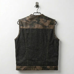 Back view of men's camo shoulder and denim body leather biker vest