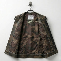 Inside of men's camo leather vest showing full camouflage lining and pockets