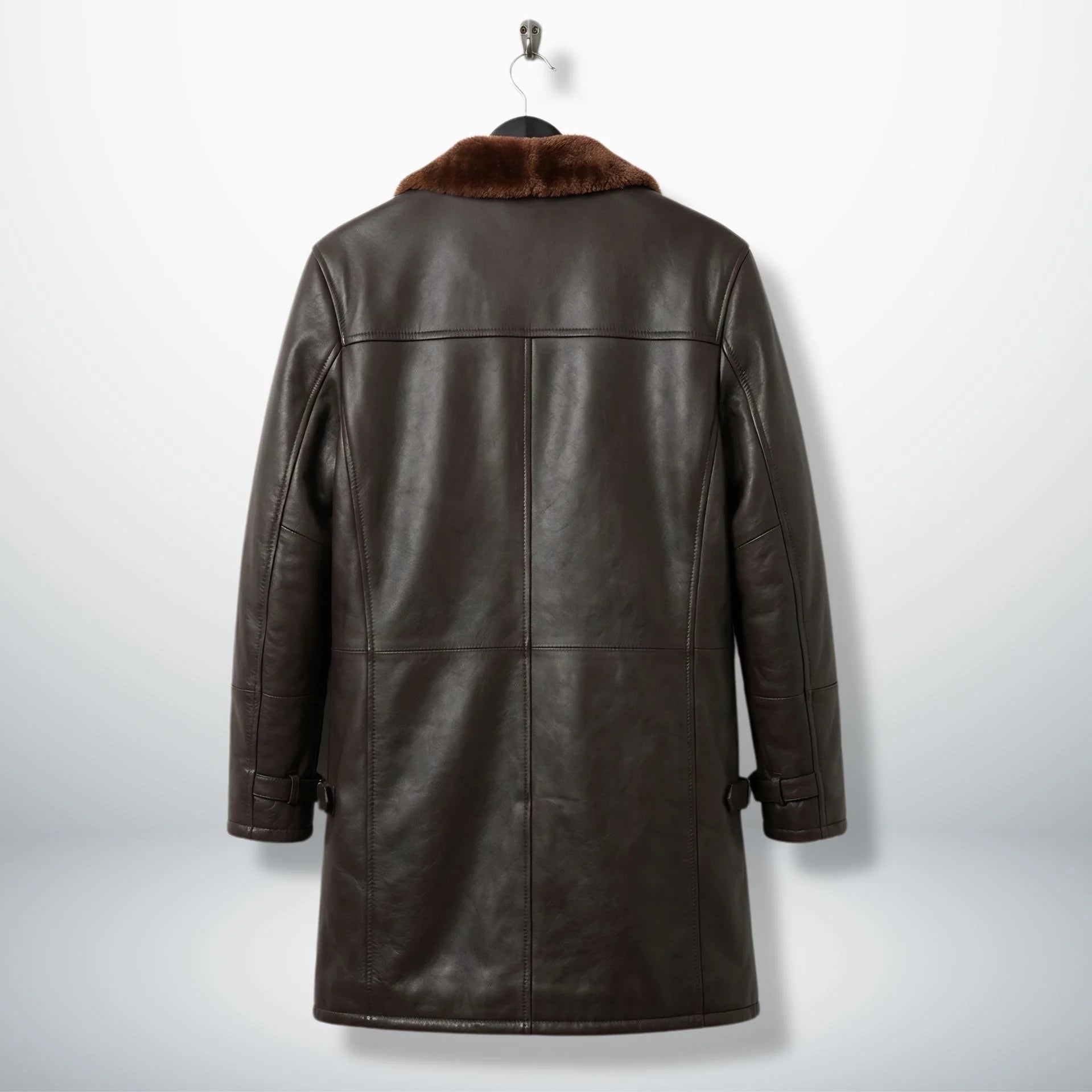 Back view of men’s dark brown shearling winter leather coat
