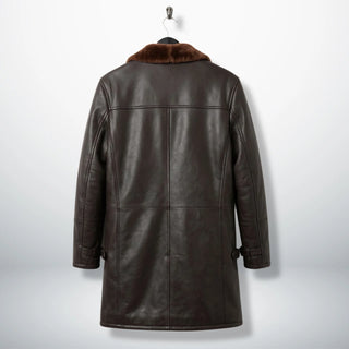 Back view of men’s dark brown shearling winter leather coat