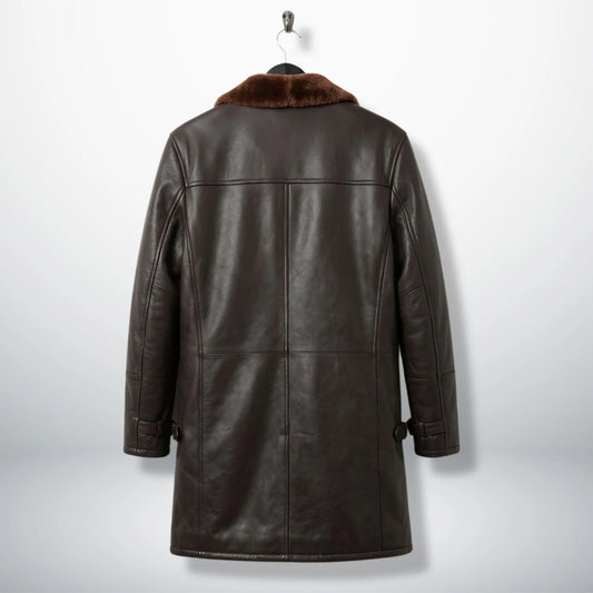 Back view of men’s dark brown shearling winter leather coat
