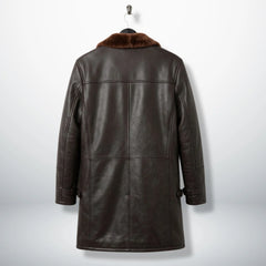 Back view of men’s dark brown shearling winter leather coat