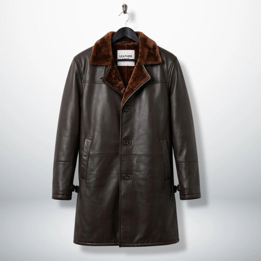Front view of men’s dark brown shearling leather 3/4 coat by Leather Unit
