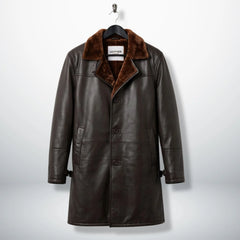 Front view of men’s dark brown shearling leather 3/4 coat by Leather Unit