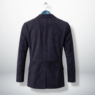 Back view of men’s slate purple suede blazer jacket