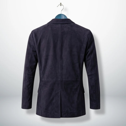 Back view of men’s slate purple suede blazer jacket