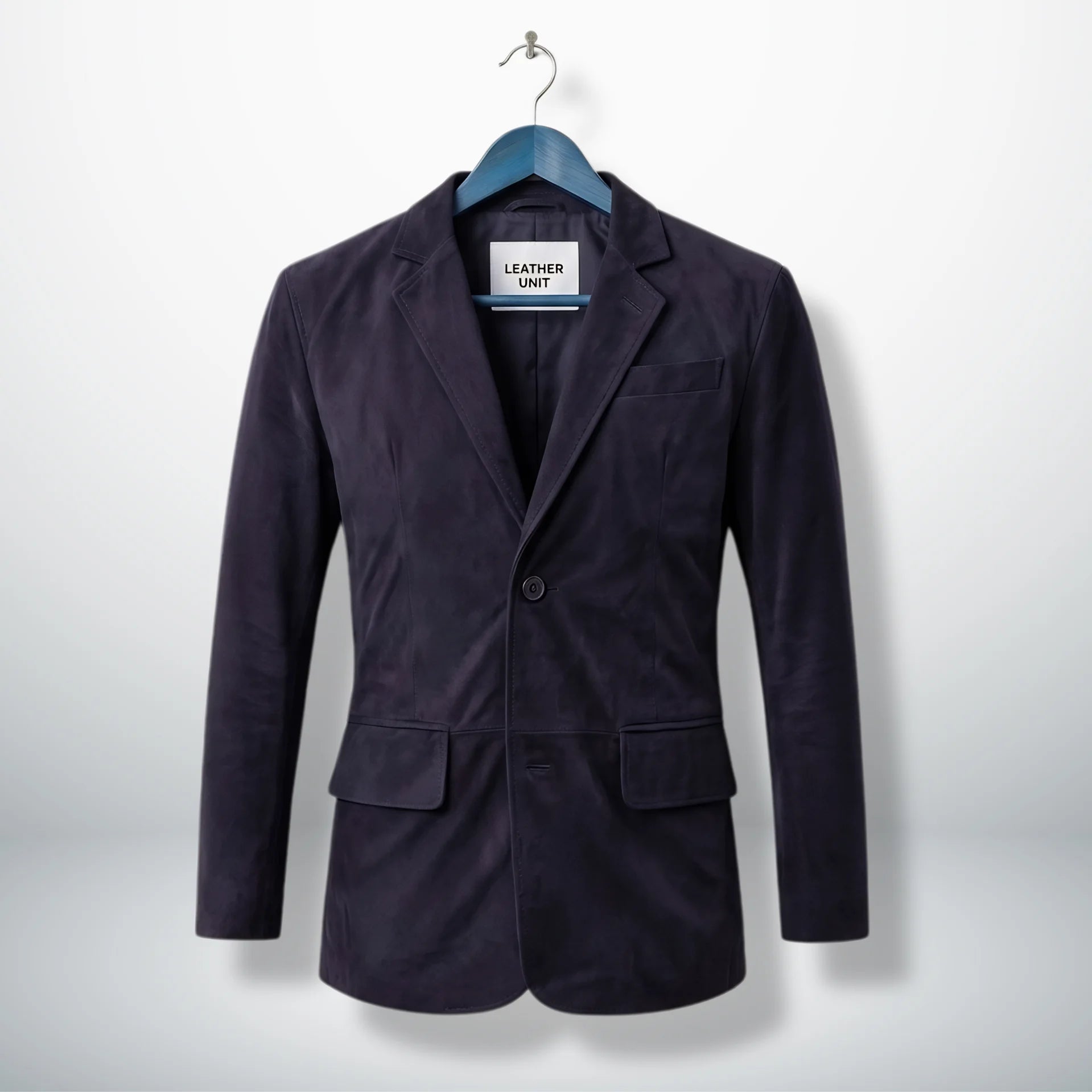 Front view of men’s dark purple suede leather blazer by Leather Unit