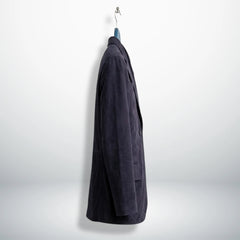 Side profile of men’s dark purple suede blazer with tailored fit