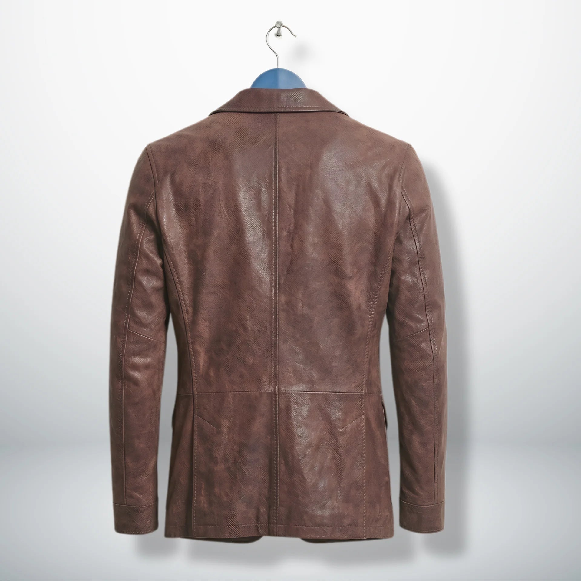 Back view of men’s distressed brown leather blazer with seams
