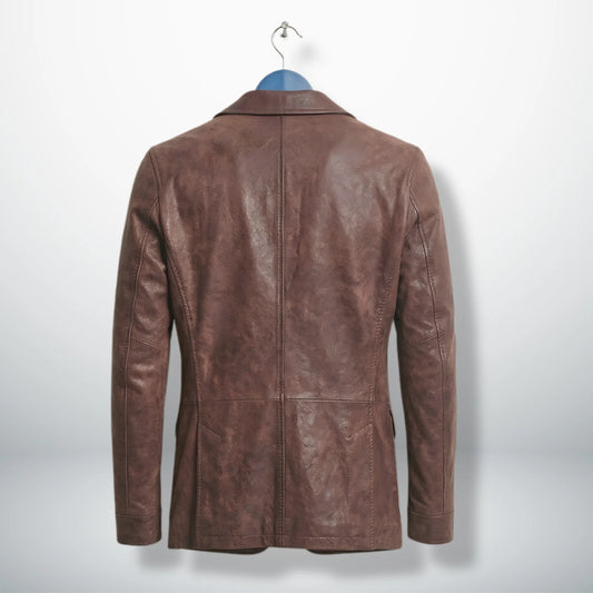 Back view of men’s distressed brown leather blazer with seams