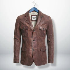 Front view of men’s distressed brown leather blazer jacket by Leather Unit
