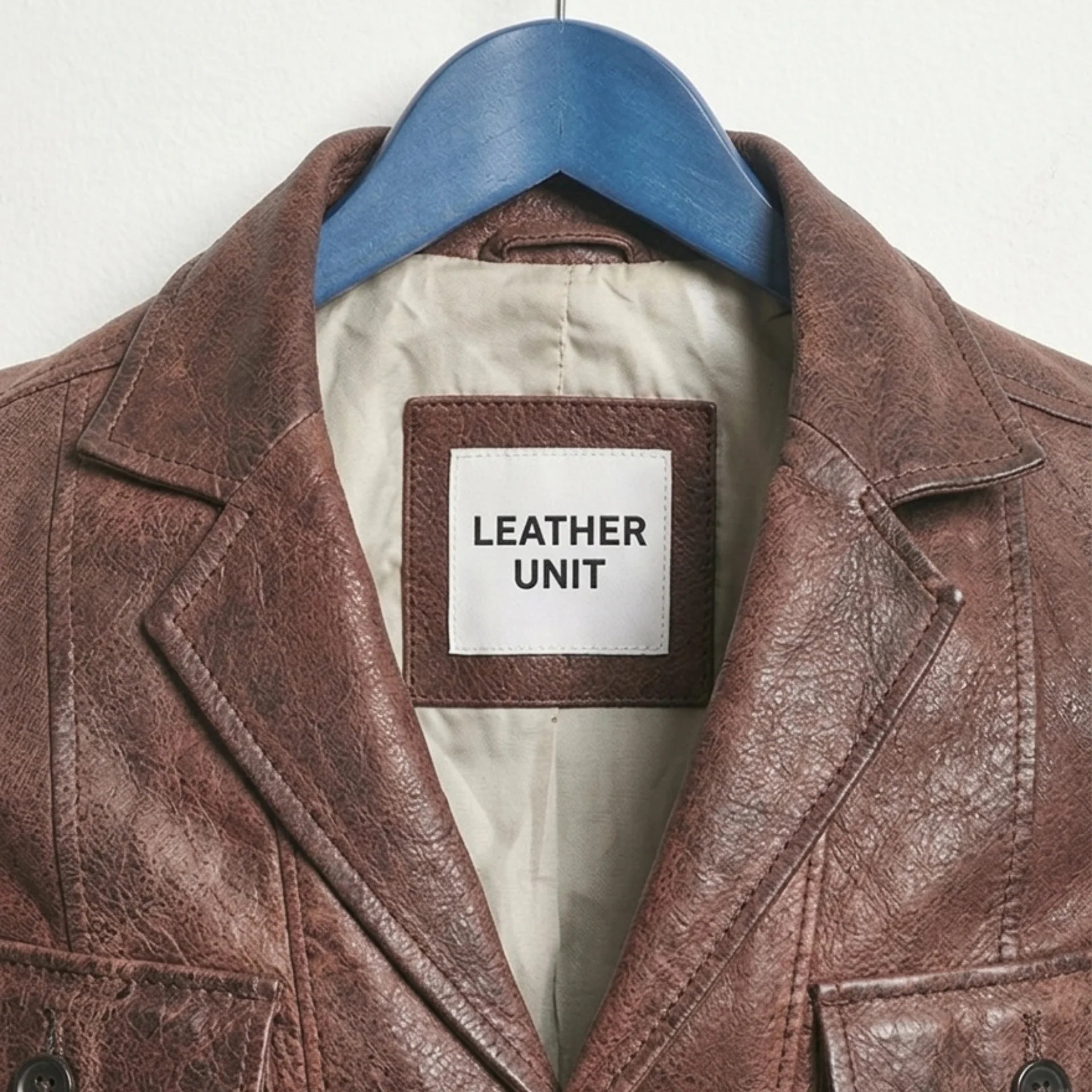 Close up of Leather Unit label and collar on distressed brown blazer