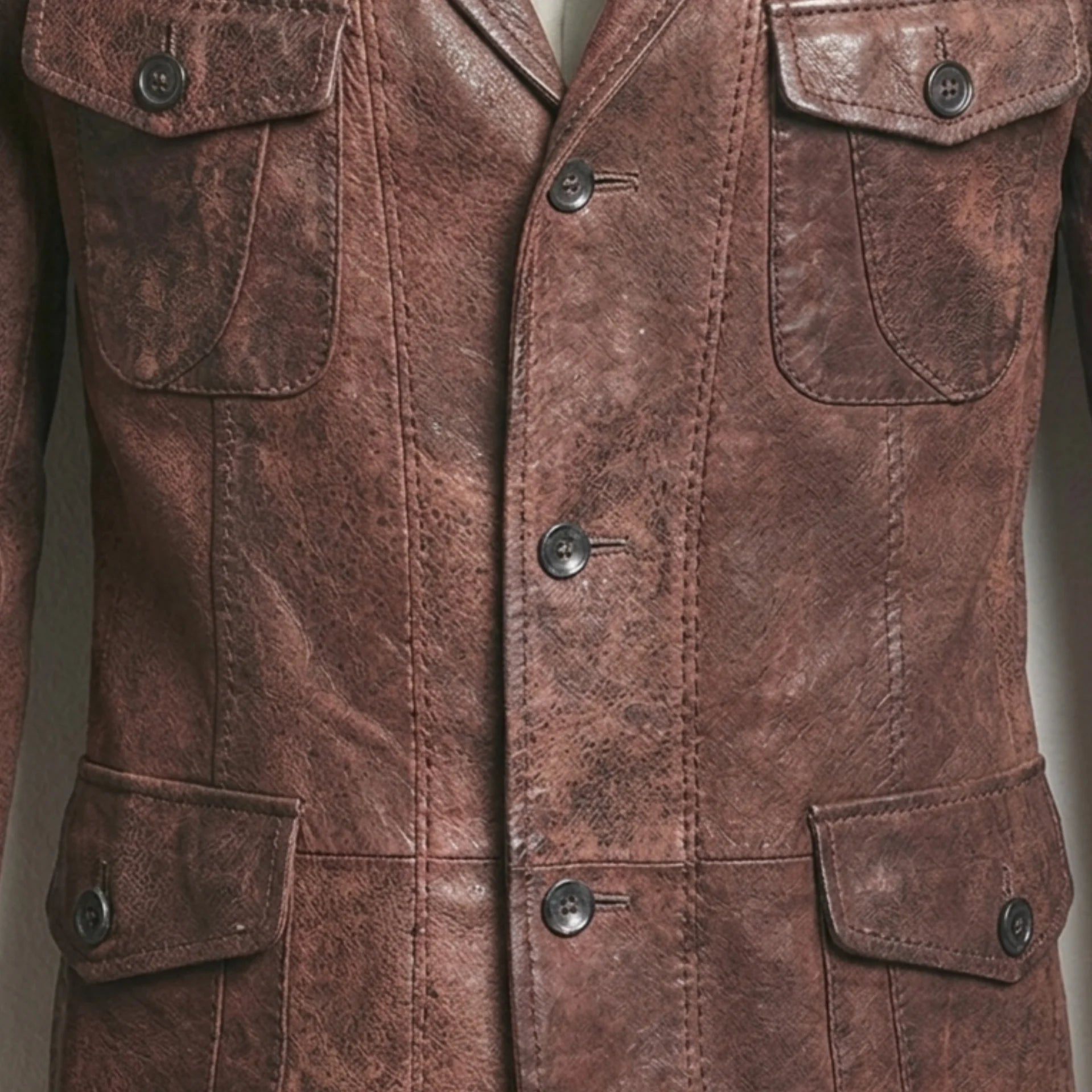 Front buttons and flap pocket close up on men’s distressed brown leather blazer