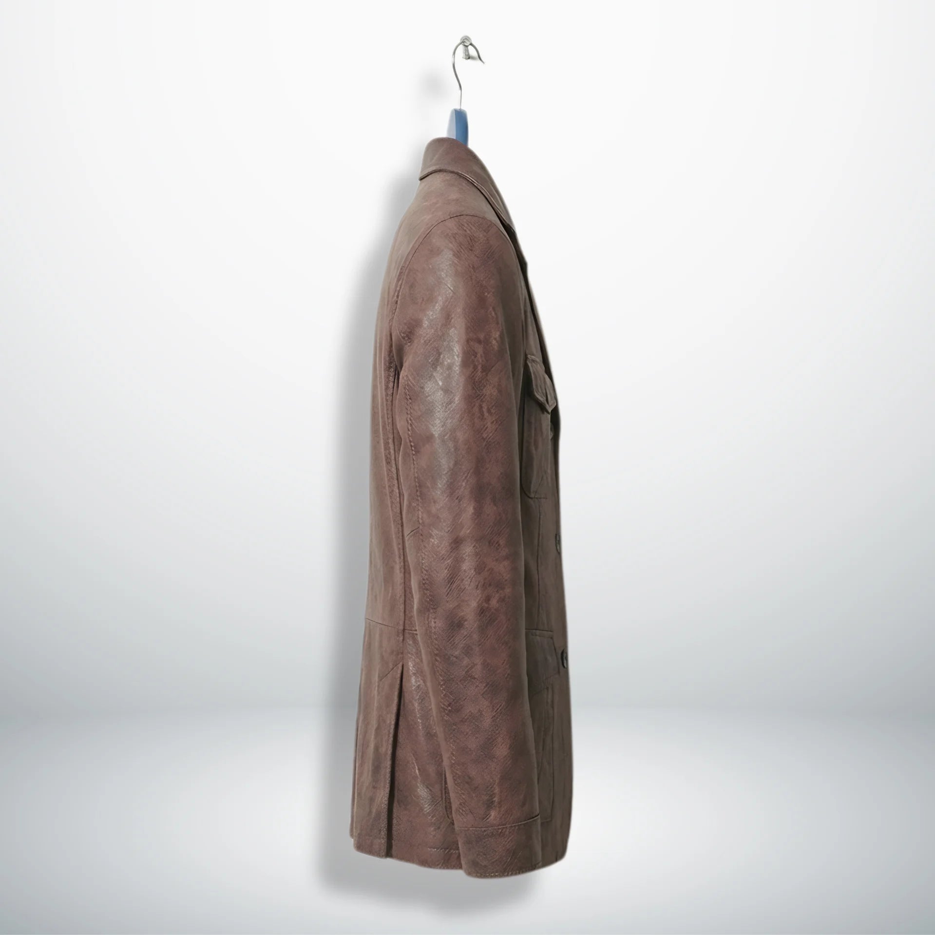 Side profile of men’s distressed brown leather blazer with notch lapel