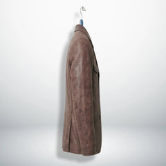 Side profile of men’s distressed brown leather blazer with notch lapel