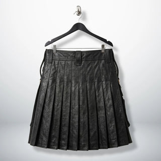 Back view of men's black leather kilt showing full pleated design