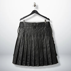 Back view of men's black leather kilt showing full pleated design