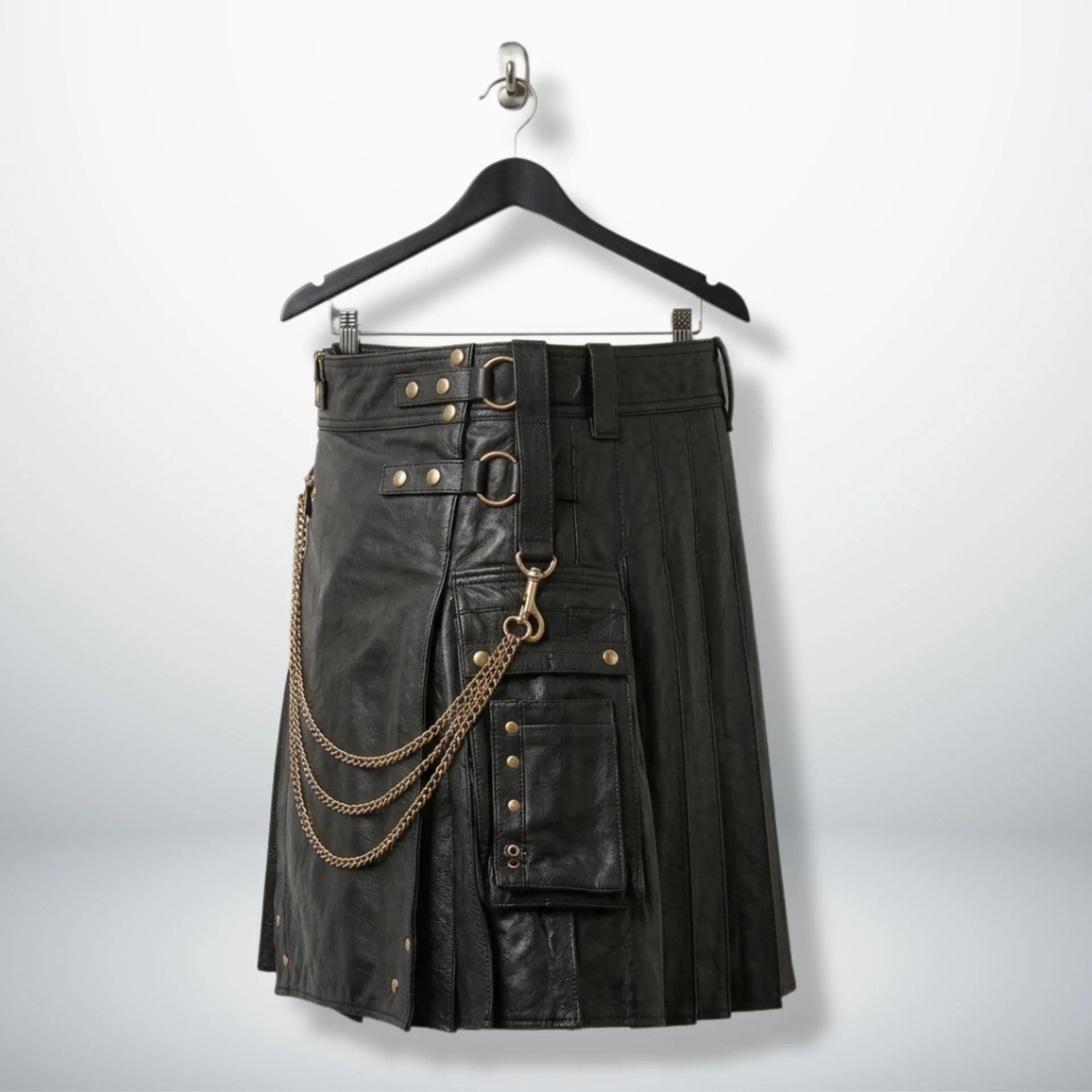 Side angle of men's gothic leather kilt with chains and cargo pocket
