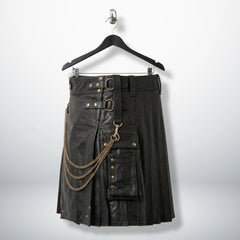 Side angle of men's gothic leather kilt with chains and cargo pocket