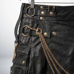 Close-up of side D-rings, chains and utility pocket on men's leather kilt